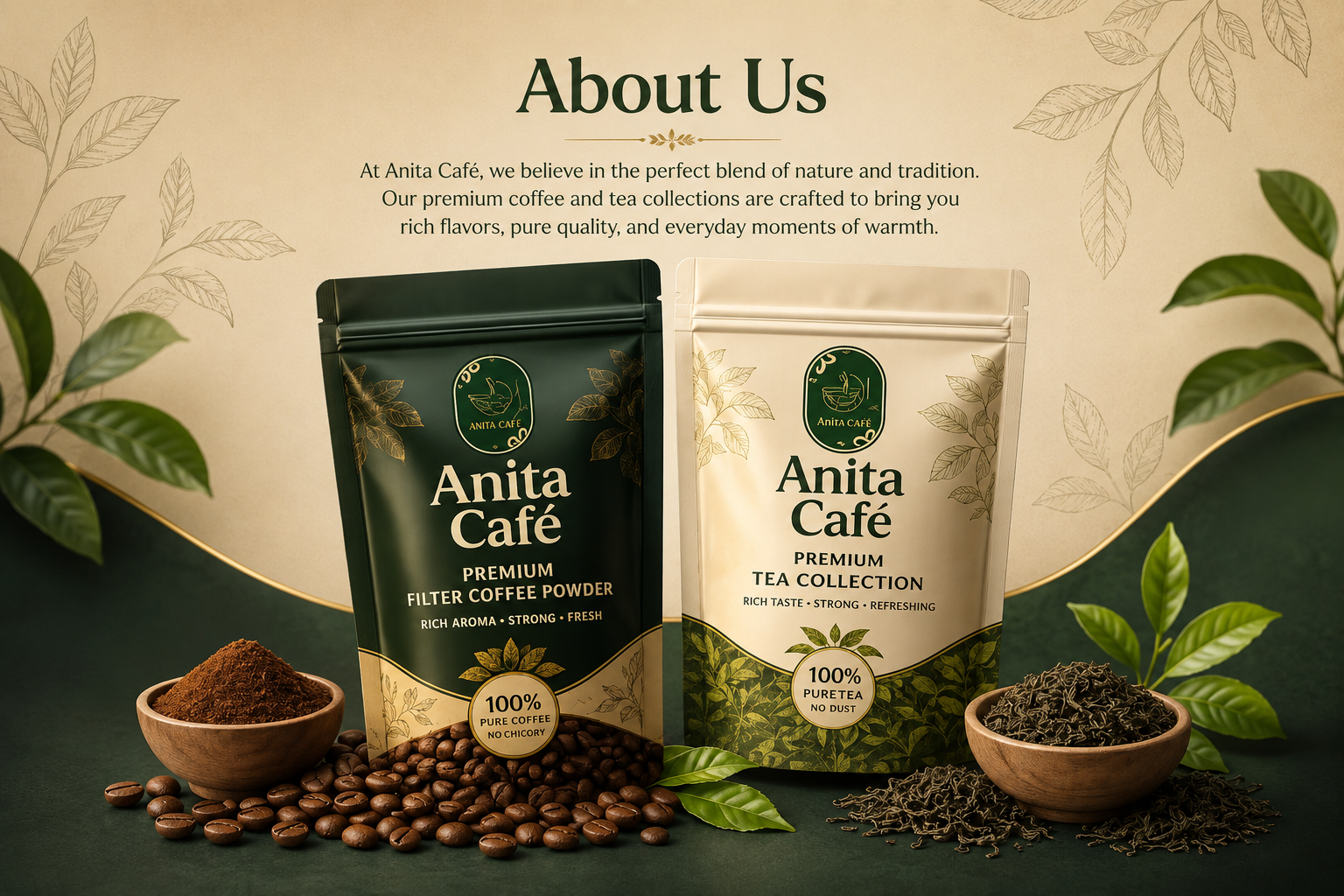 Anita Cafe premium coffee and tea collection in a sunrise plantation